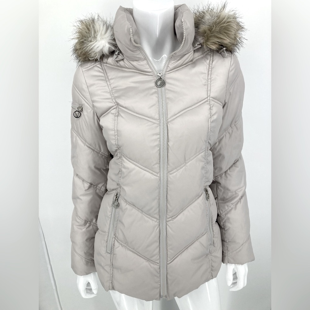 Nautica White Down Filled Winter Coat Hooded Zipper Front & Pockets Gently Used